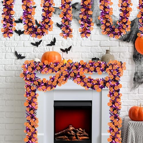 Image of 50FT Halloween Tinsel Garland, Thick Glitter Purple Orange Pumpkin Garlands Metallic Holiday Hanging Streamers for Halloween Party Supplies Indoor Outdoor Decoration