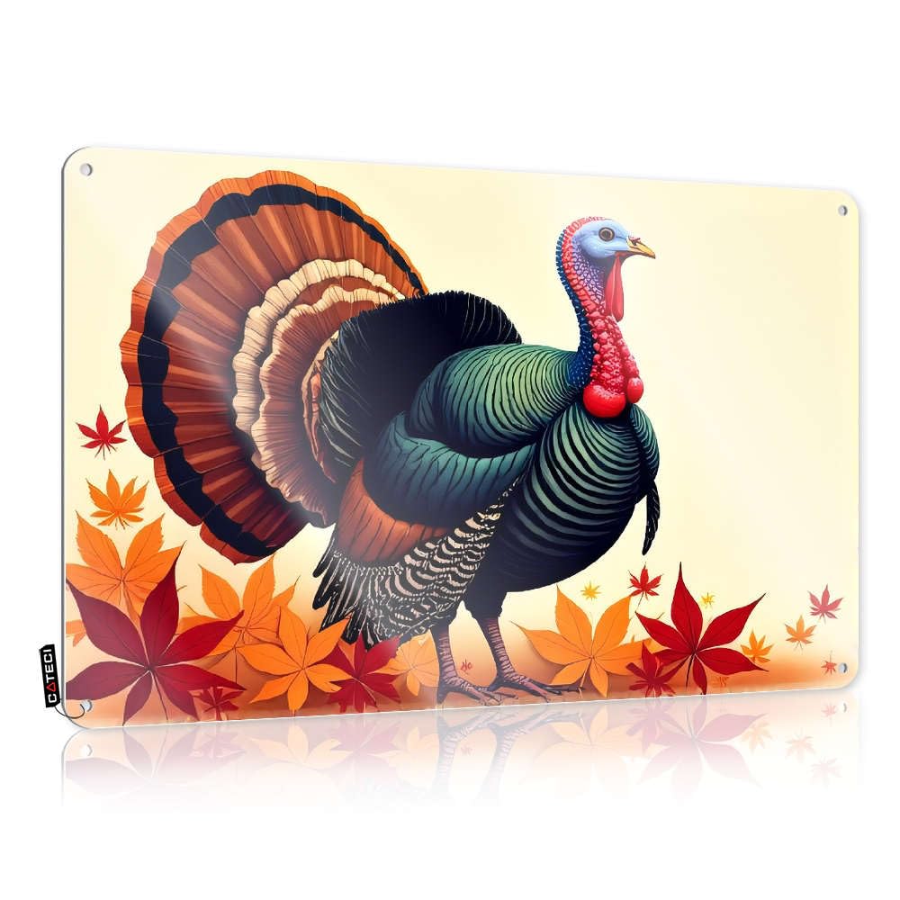 Tinplate Sign Outdoor Terrace Hanging Pre-drilled & Folk Decor Funny Flat Print | A Colorful Turkey Surrounded By Autumn Leaves. For Southwestern Wall - Mexican Home