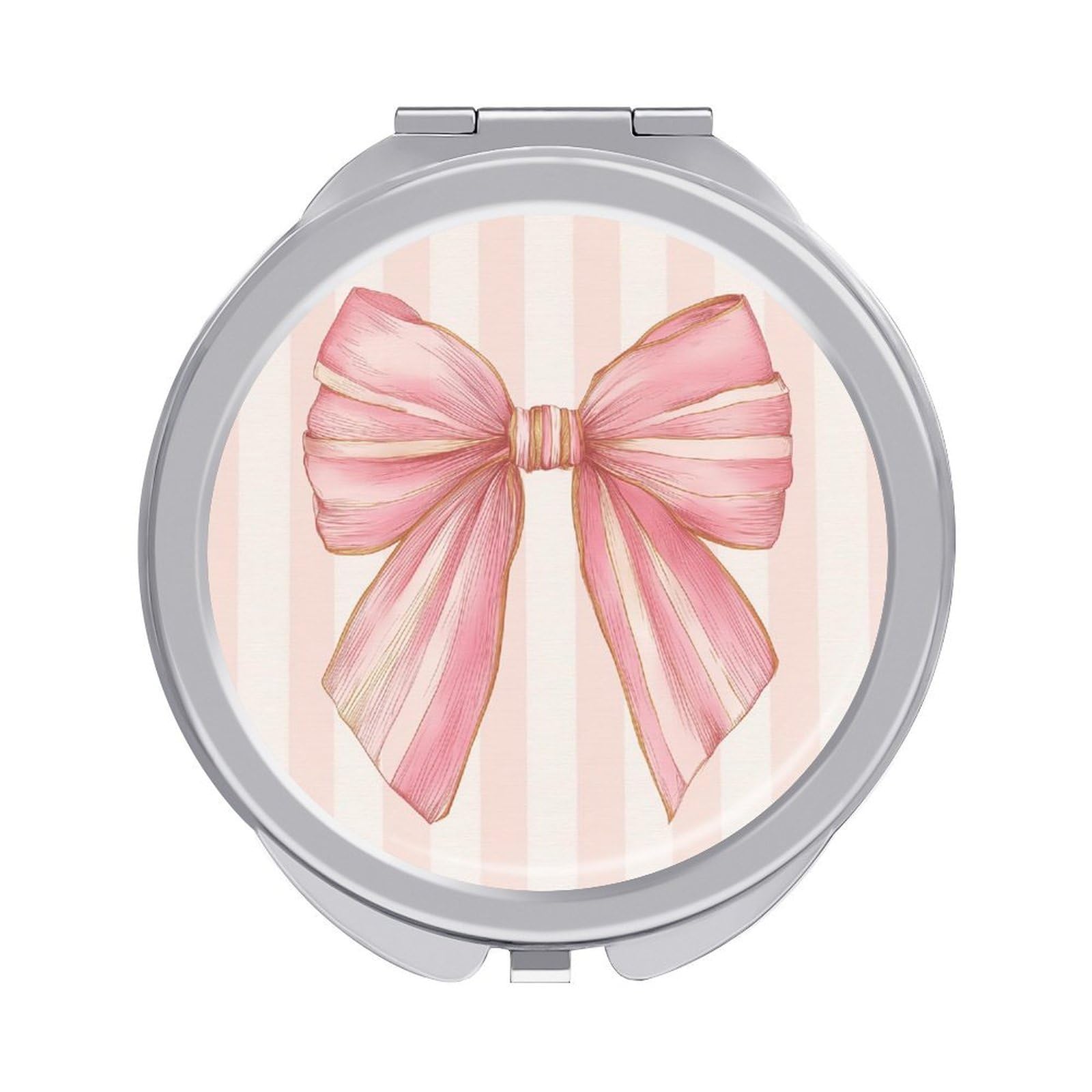 Jubonexis Preppy Coquette Pink Bow on Vertical Stripes Women Pocket Mirrors, Girls Small Portable Travel Makeup Mini Mirror