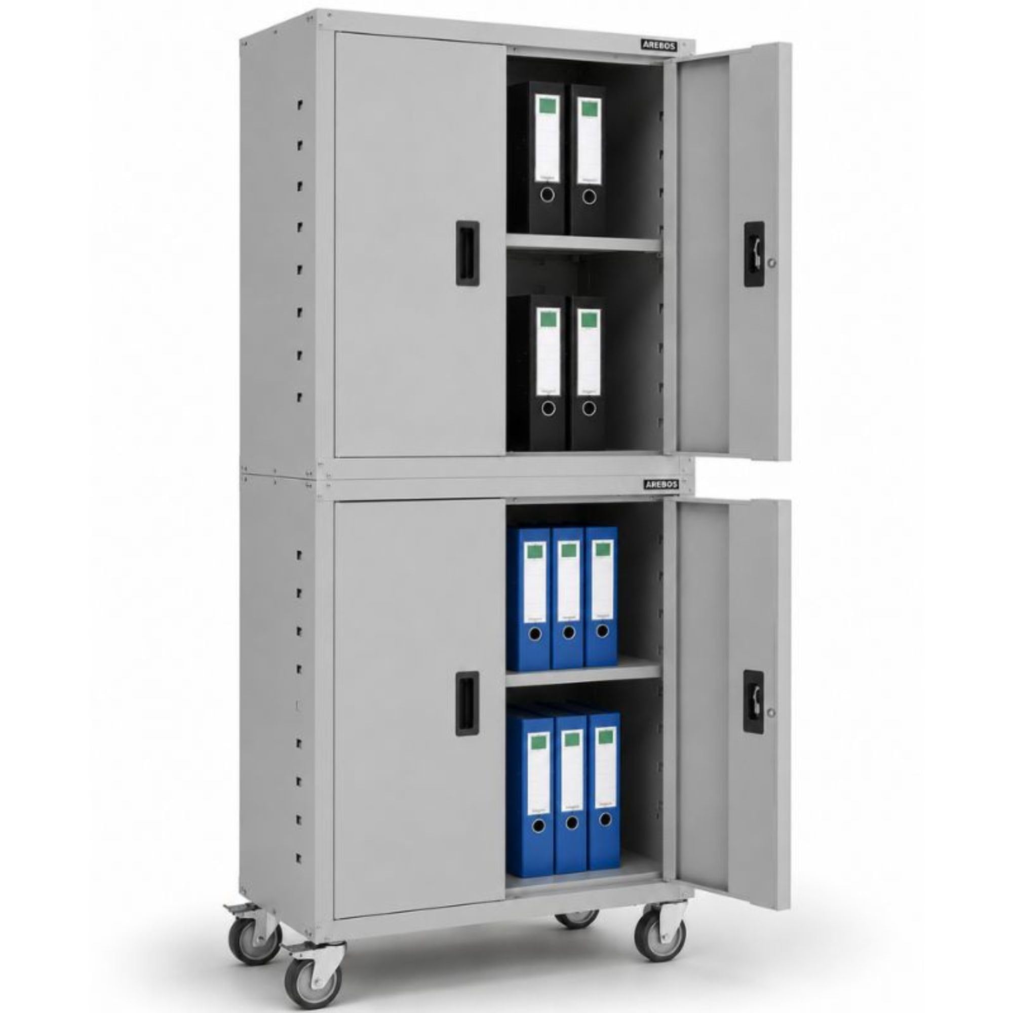 AREBOS Meuble de Bureau | Gris | 195 x 40 x 90 cm | Lot de 2 | 4 Portes | avec roulettes | Tablettes réglables en Hauteur | avec Serrure à Cylindre