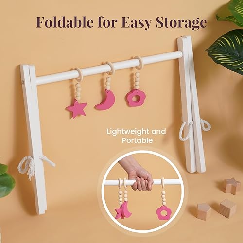 Miniatura 6 de BABESIDE Gimnasio de juego para muñecas de bebé, estante de madera para muñecas con juguetes colgantes, calcomanías de bricolaje, tiras