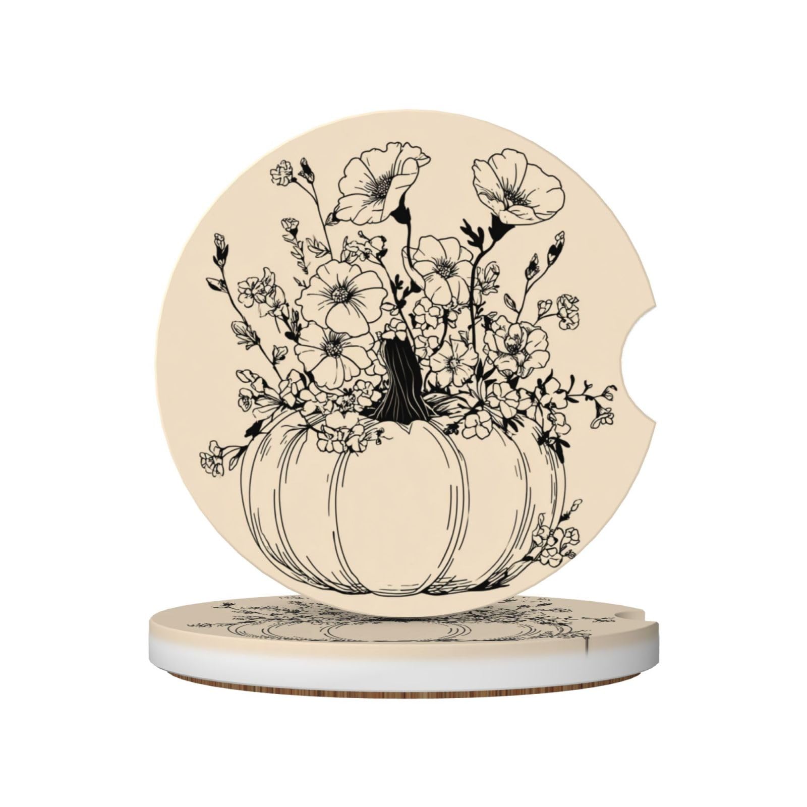 Pumpkin with Wildflowers Line Art Ceramic Coasters,2pcs