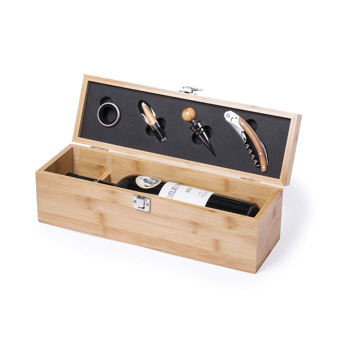 Set de Vinos en Caja de Madera. Caja regalo para Botella de Vino. Kit Utensilios para Amantes del Vino. Sacacorchos.