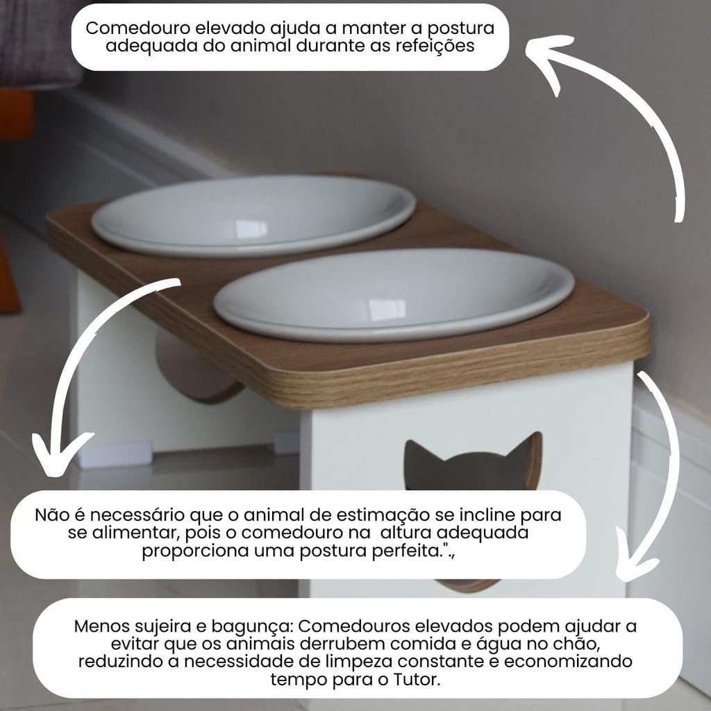 Comedouro Elevado Duplo Gato Porcelana PET MDF 15mm - Inclinado Sapatas antiderrapantes e Acabamento em PVC - Evita Inchaço. Conforto e Saúde para Cães e Gatos Comedouro Elevado Duplo Gato Porcelana PET MDF 15mm - Inclinado Sapatas antiderrapantes e Acabamento em PVC - Evita Inchaço. Conforto e Saúde para Cães e Gatos
