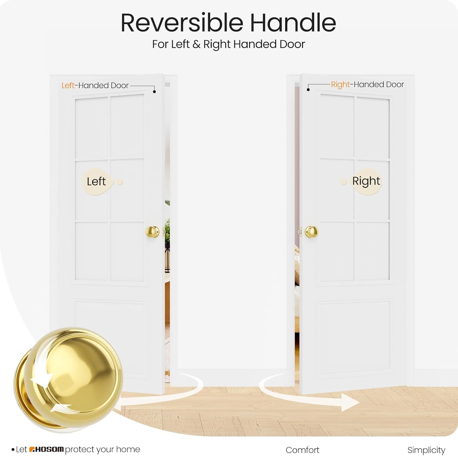 HOSOM Polished Brass Door Knob - Interior Passage Door Knobs, Reversible Round Door Lock Passage Handle for Hallway, Closet, Bedroom, Bathroom Ball Round Keyless No Locking 1 Pack