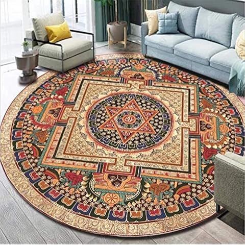 Icole Cotton Round Area Rug,European Ethnic Round Carpets, Living Room/Bedroom/Study/Coffee Table Floor Mats-Diameter 120CM Cover