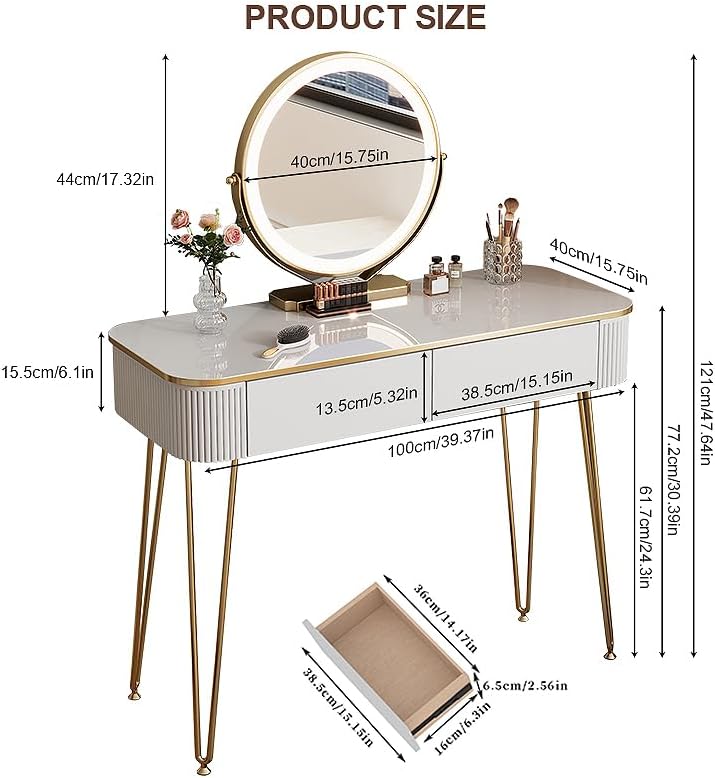 Miniatura 8 de Tocador Pequeño con Espejo y Luces, Tocador de Maquillaje Blanco y Dorado de 39" con 2 Cajones, Mesa de Tocador Moderna para Mujeres, Dormitorio y