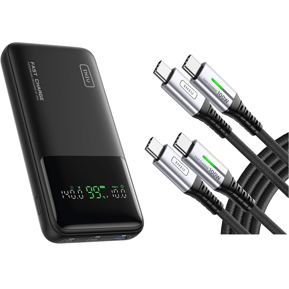INIU Batterie Externe, 140W Power Bank 27000mAh, Batterie Portable USB C Input & Out & Cable USB C, [2m+2m] 100W 5A PD QC4 Câble USB c vers USB c Charge Rapide, Chargeur Type C de Données en Nylon