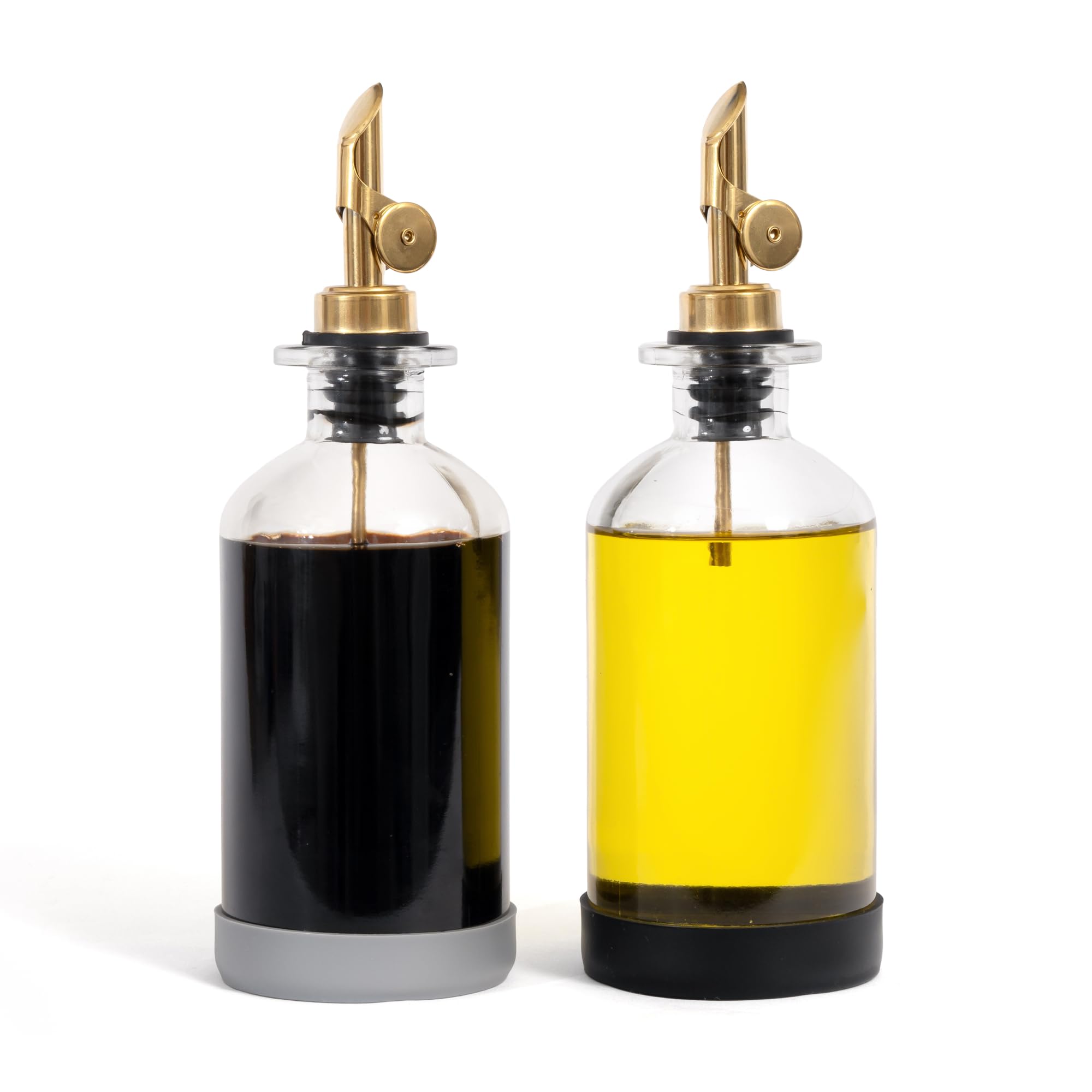 STOVE SHELF StoveShelf - Juego de dispensadores de aceite y vinagre, dispensadores de aceite con base de silicona, protege el acabado de tu estufa, botella de vidrio con dispensador dorado, juego de 2