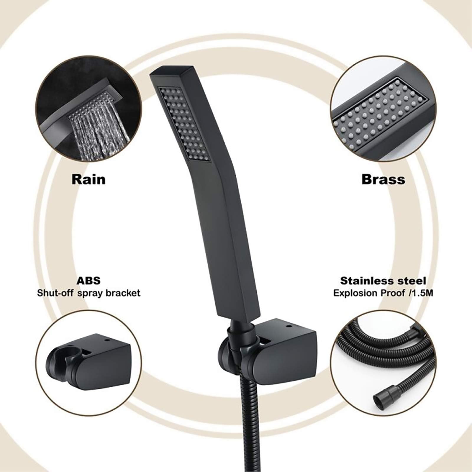 Nero Soffione Doccia con Tubo e Supporto Ottone Testa Doccia a Mano Anticalcare Risparmio Idrico Manopola Doccia con Ugello in Silicone per Bagno e Spa