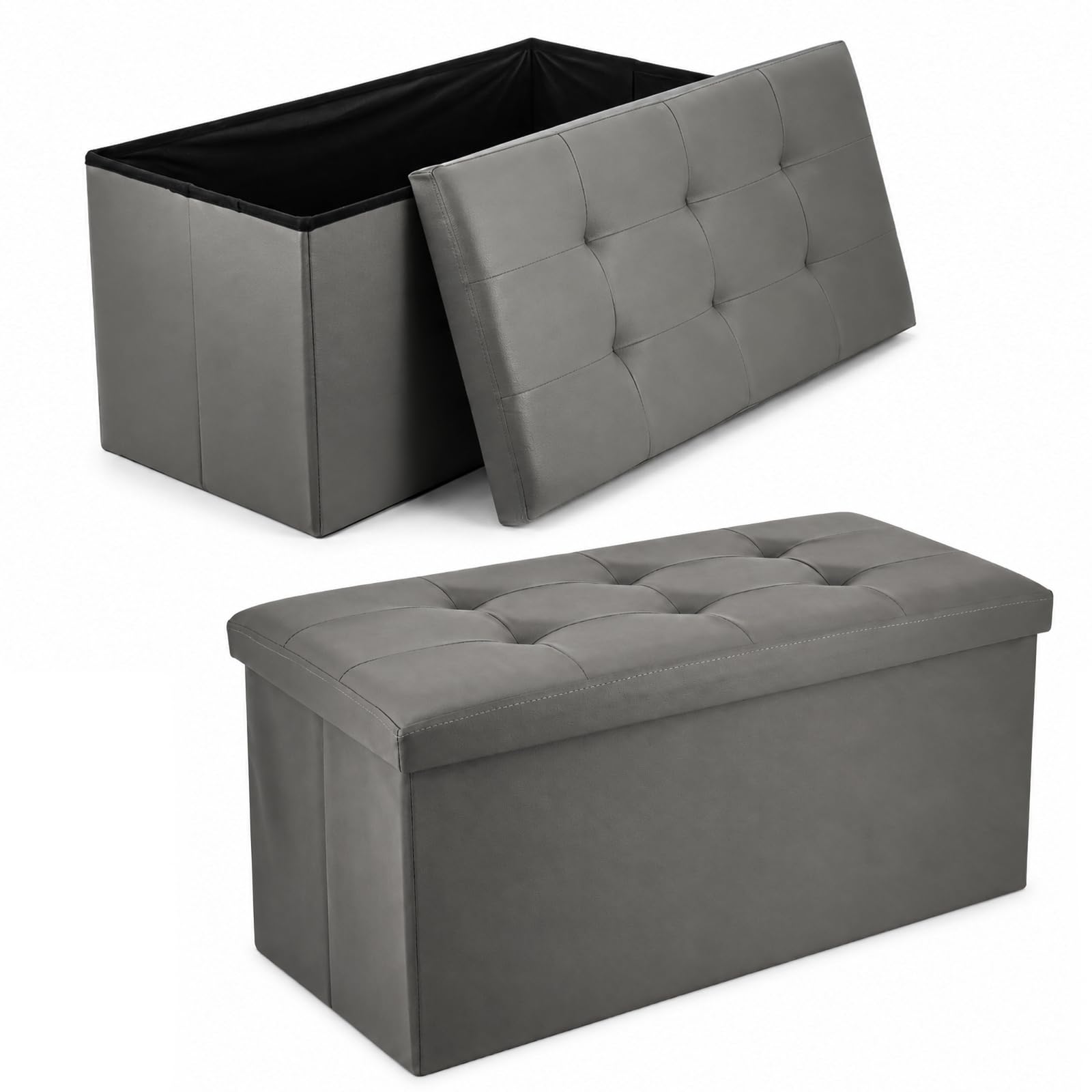 CROWNSHOP Ottoman Storage Bench Footrest Stool Seat Toy Chest Storage Box Folding with Lid Long Shoes Bench Footstool Suitable for Living Room Grey 76 * 38 * 38 CM (Faux leather,Dark Gray)