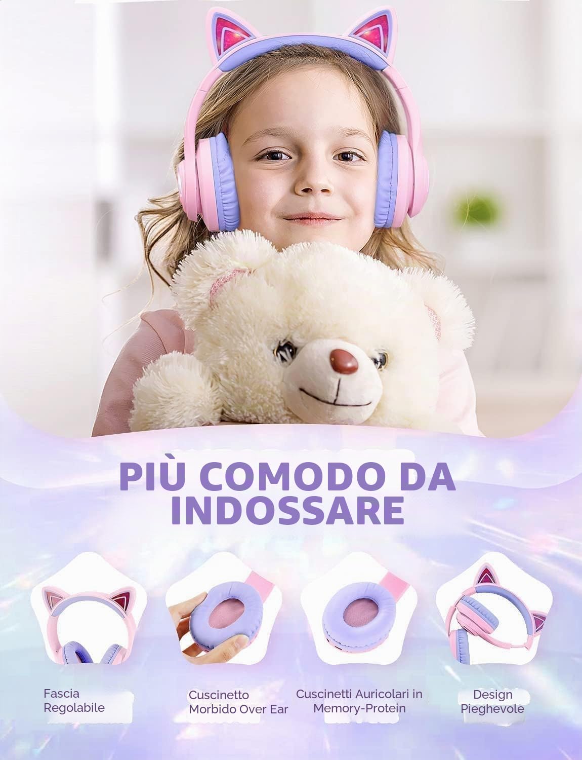 iClever Cuffie Bluetooth per Bambini, BTH13 Cat Ear LED Cuffie Wireless Bambini con Mic, 50 Ore di Riproduzione, 74/85dBA di Limitazione del Volume