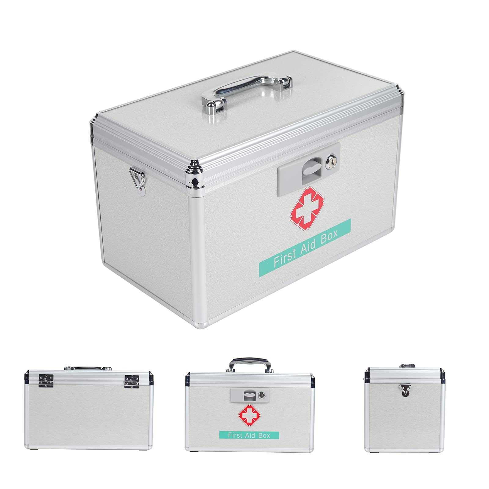 Portable Medical Locking Box, Aluminum Emergency First Aid Kit with Lock for First Aid Supplies 15×8.7×9.4 inches, Silver