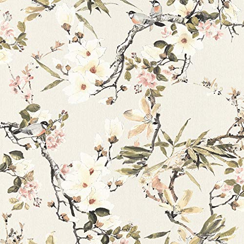 Papier Peint Japonais Fleurs Cerisier | Oiseaux et Crème Intissé Chambre 36498-2