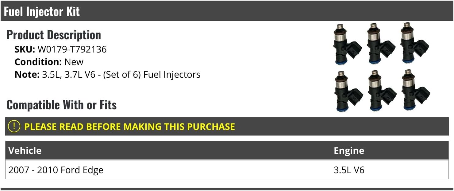 Fuel Injector Kit - 6-Piece - Compatible with 2007-2010 Ford Edge 3.5L V6
