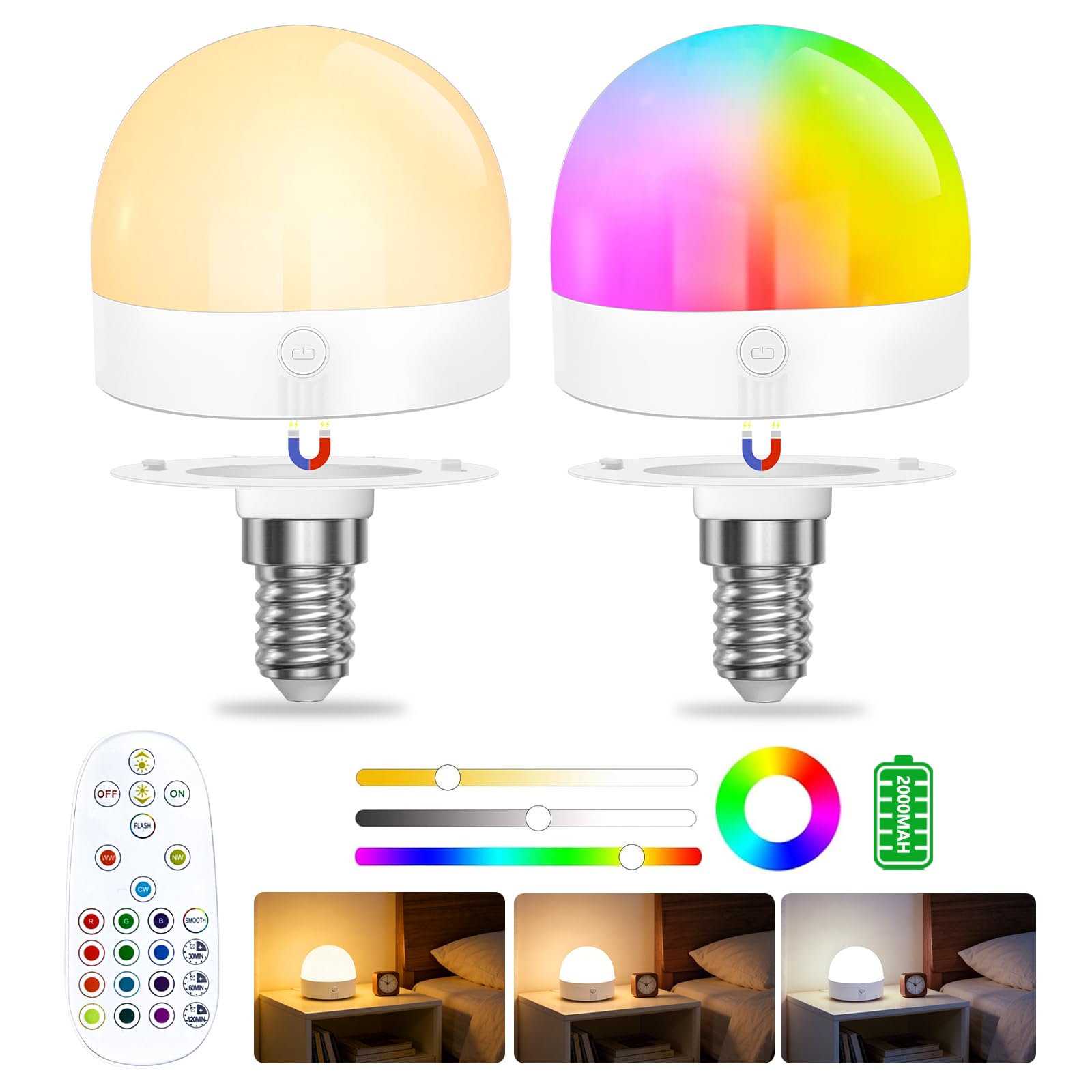 E14 Rechargeable Light Bulb,1.5W LED Dimmable Beside Night Light with Remote Control,3CCT+12 RGB Colours,Timer, 2000mah, Detachable Cordless E14 Screw Bulb for Non - Hardwired Lamps