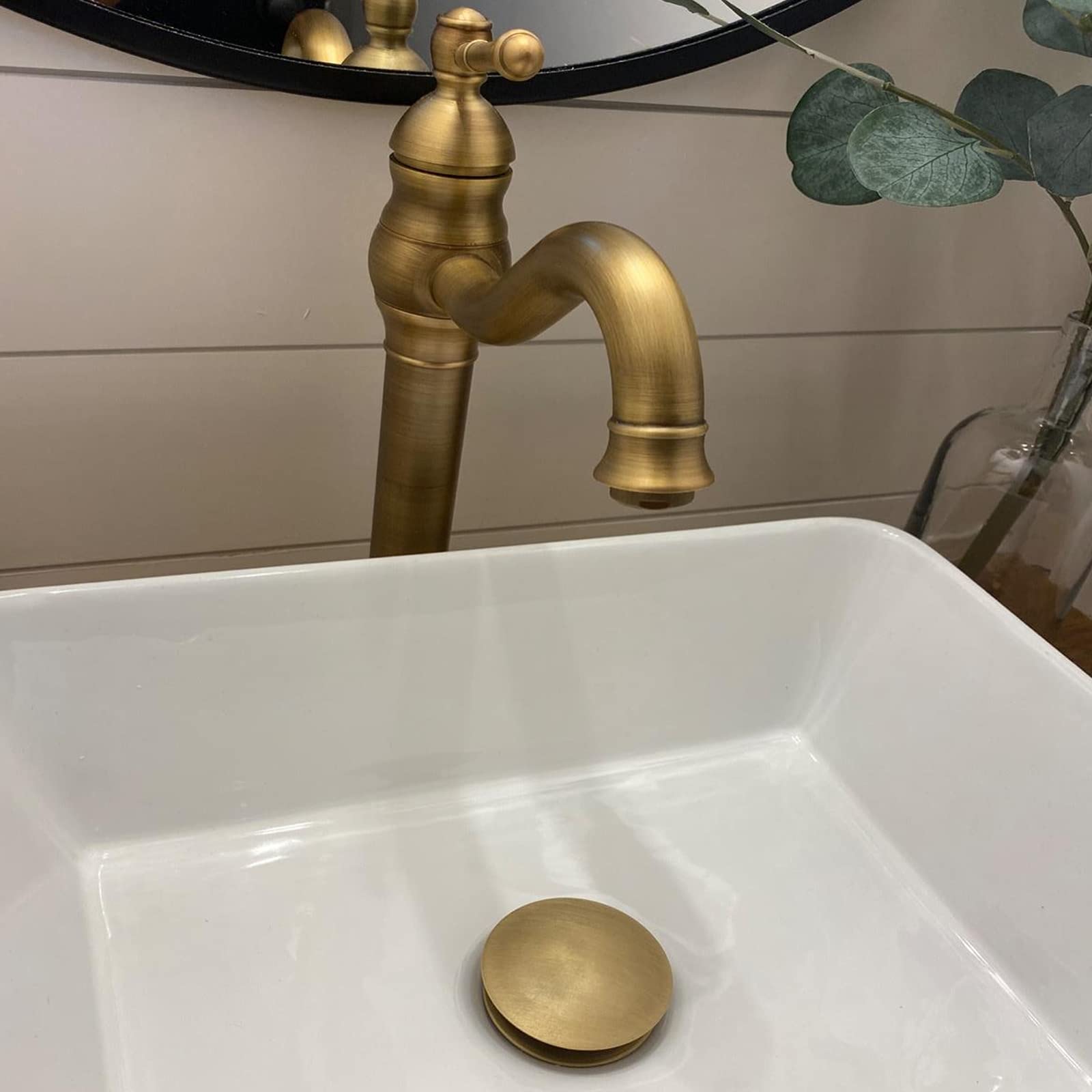 Grifo de Lavabo de baño de latón Antiguo, Giratorio 360°, Monomando, con tapón de desagüe emergente a Juego, sin rebosadero, para Lavabo Alto, de Montaje sobre encimera.
