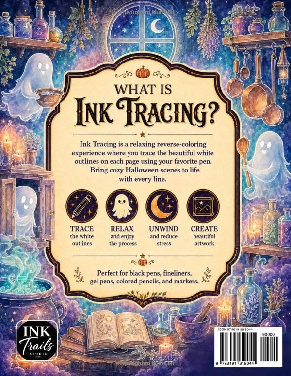 INK Tracing Book For Adults - Magical Halloween: A Reverse Coloring Book for Adults Featuring Cute Cozy Ghosts, Pumpkin Patches, Haunted Houses, ... Book Collections - Ink Trails Studio) image 3