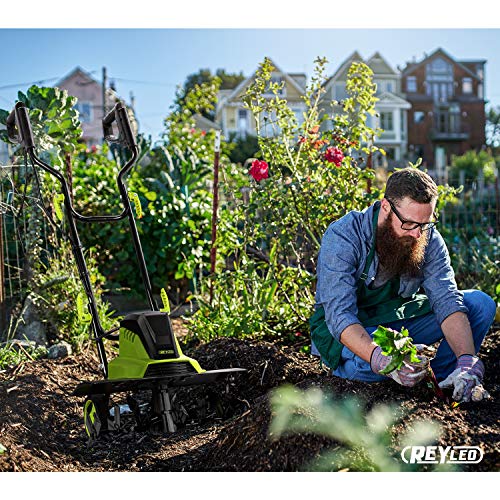 REYLEO Electric Tiller, Cultivator, 18\" 13.5-AMP Powerful Corded Tiller, Adjustable Tilling Width(18\"/12.5\"), 8\" Working Depth, Removable Blade, One-Key Transport Wheel, Foldable Handle - RT02A