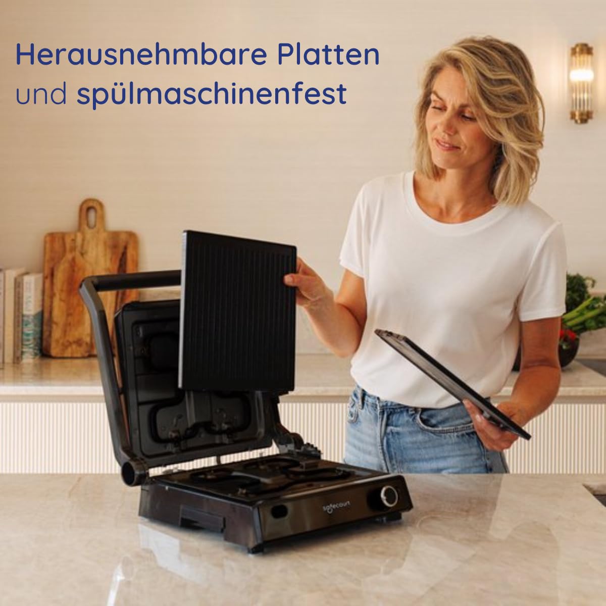 Safecourt Sandwichmaker 3 in 1 Kontaktgrill abnehmbare Platten - Sandwichtoaster [XXL Grillfläche & BPA-frei] - Sandwich- & Paninitoaster schnelle Zubereitung, spülmaschinenfest - Panini Grill schwarz