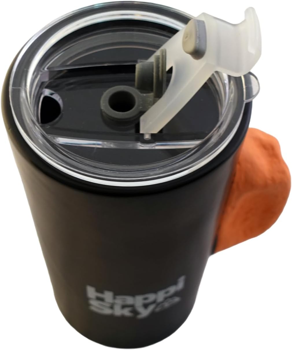 Rock Climbing Travel Mug, Climbers Gift - Black Ceramic with Orange Pinch Hold Handle & Silicone Lid