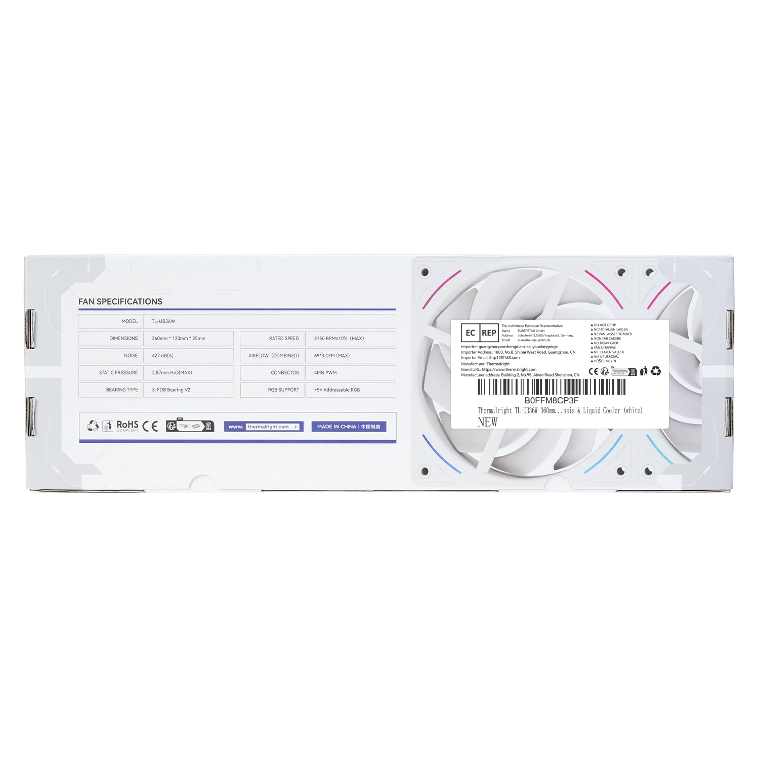 Thermalright TL-UB36W 360 mm jednoramkowy wentylator chłodzący do PC, PWM prędkość 2150 obr./min, oświetlenie ARGB, wysoki przepływ powietrza, pojedynczy kabel modułowy, do obudowy i chłodziarki