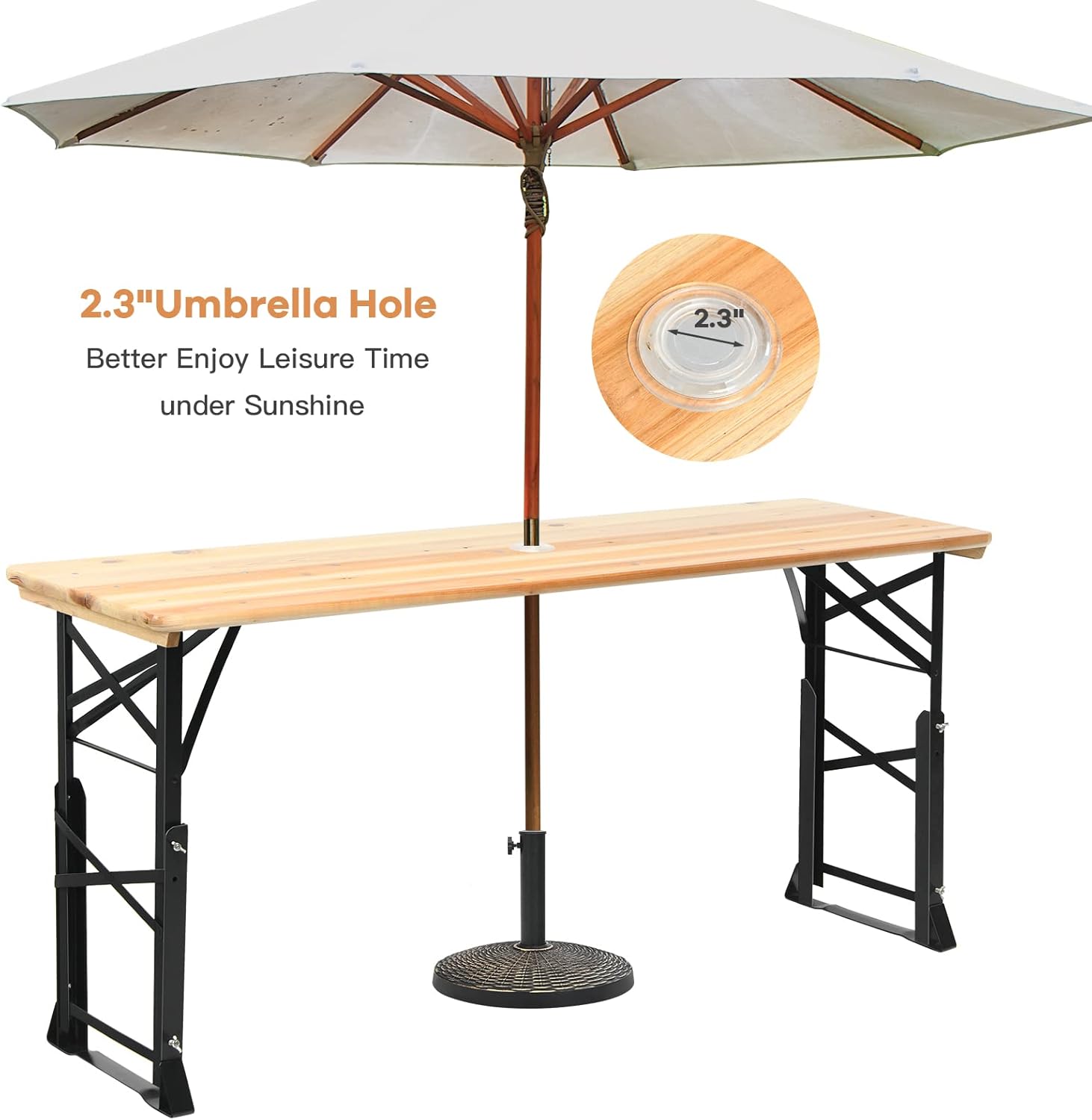 Goplus Folding Picnic Beer Table, Outdoor Camping Table with Umbrella Hole, Adjustable Heights and Wood Top, Portable Picnic Table for Patio Garden Party Backyard, No Assembly