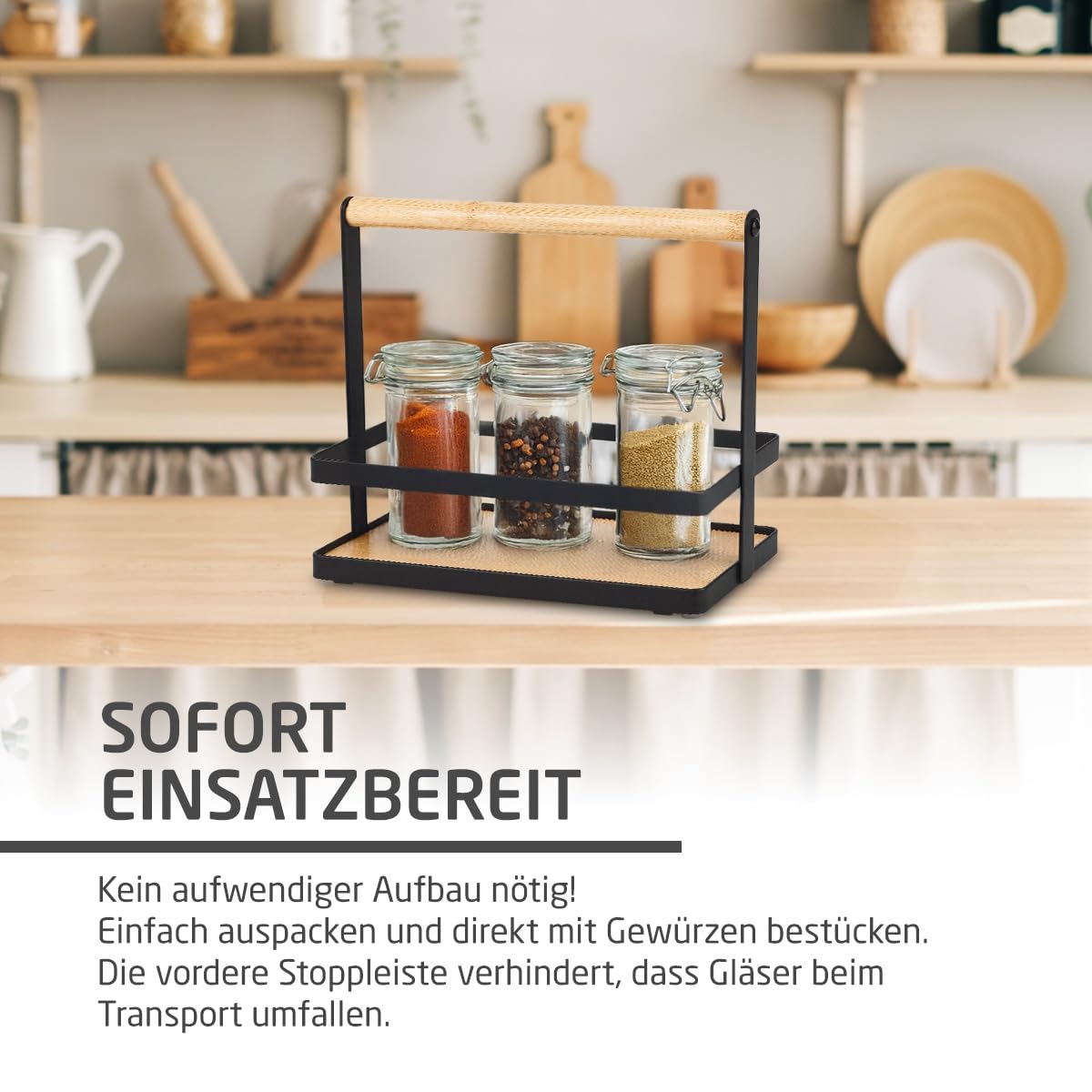 Amig - Gewürzregal - Küchenregal für Arbeitsplatte - Schwarzer Stahl und Bambus - Aufbewahrung von Gewürzdosen - Maße: 21,5 x 9,5 x 18 cm