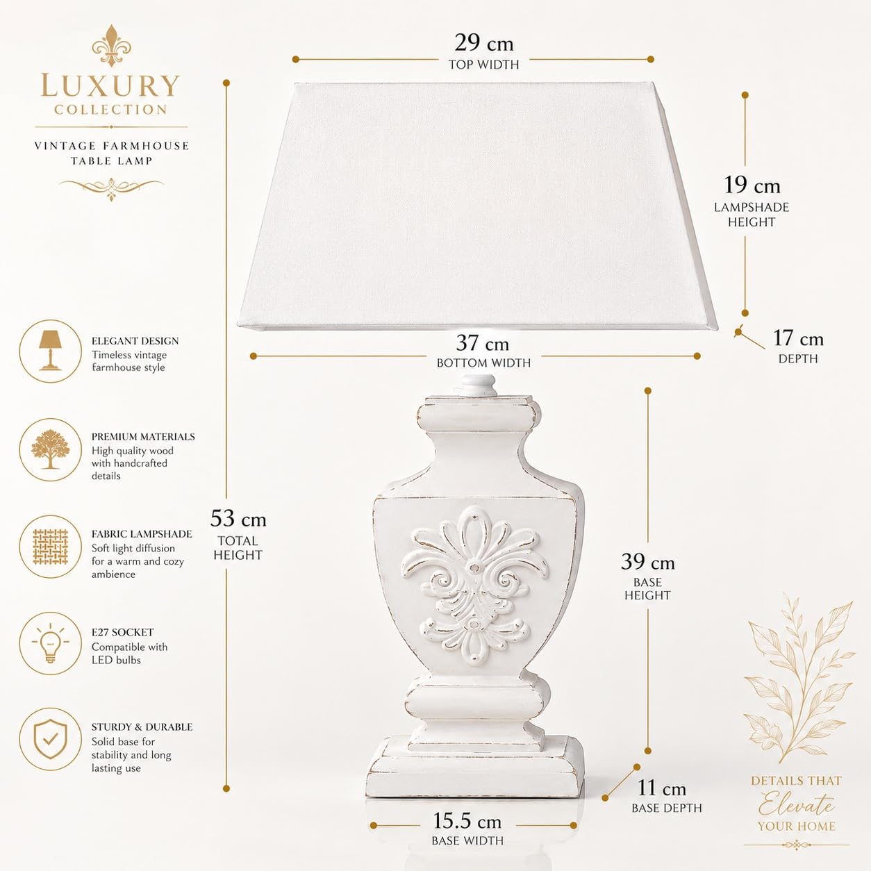 Vintage Tischlampe Landhausstil Weiß 53 cm–Shabby Chic Nachttischlampe mit rechteckigem Stoffschirm, Holzfuß, E27 Fassung, Tischleuchte für Schlafzimmer, Wohnzimmer & Flur Ideal für Nostalgie Lampe