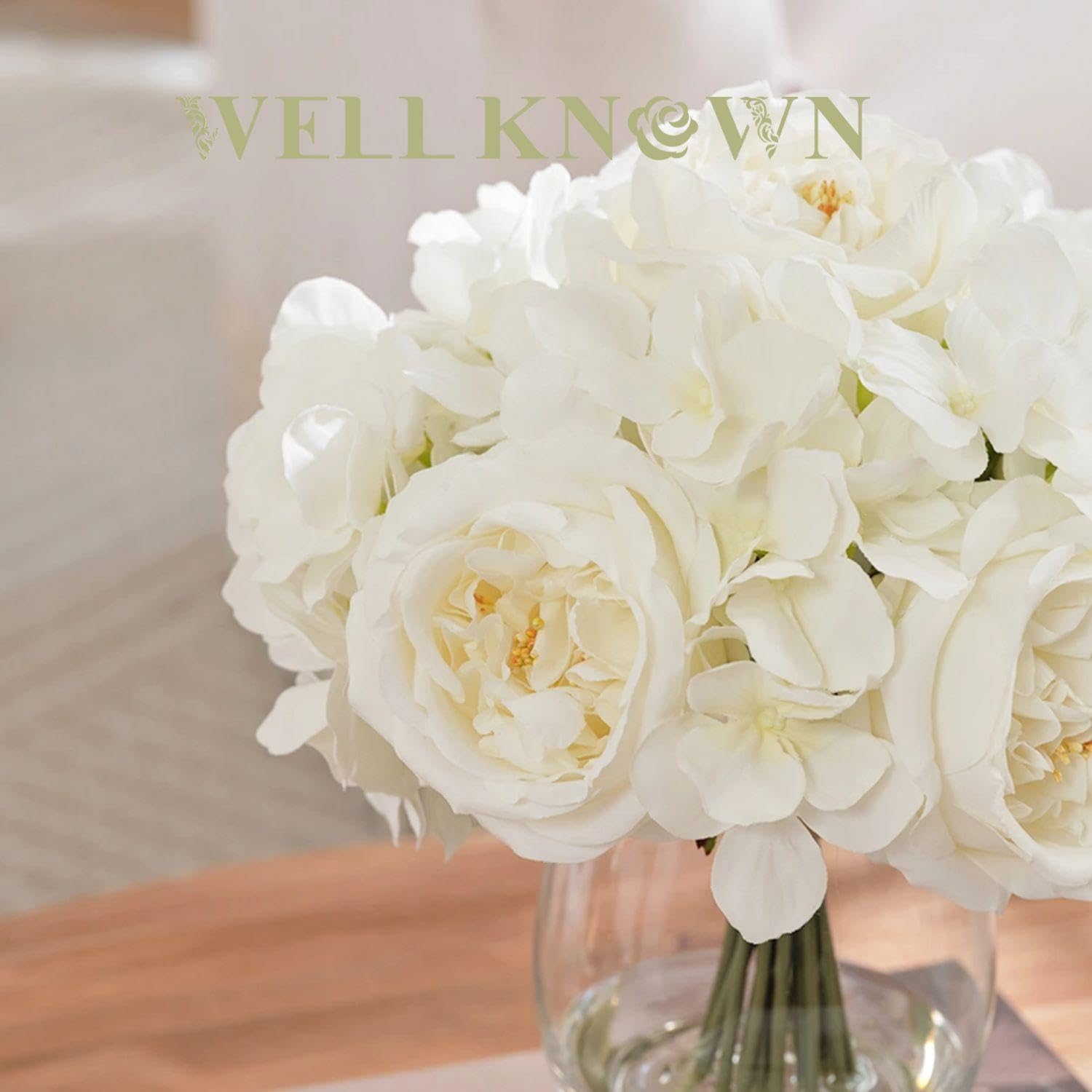 WELL KNOWN White Peonies Artificial Flowers with Hydrangea in Glass Vase with Fake Water, Fake Austin Rose Bouquet with Vase for Home Hotel Office Wedding Party Decor as Table Centerpieces & Gift - Image 3