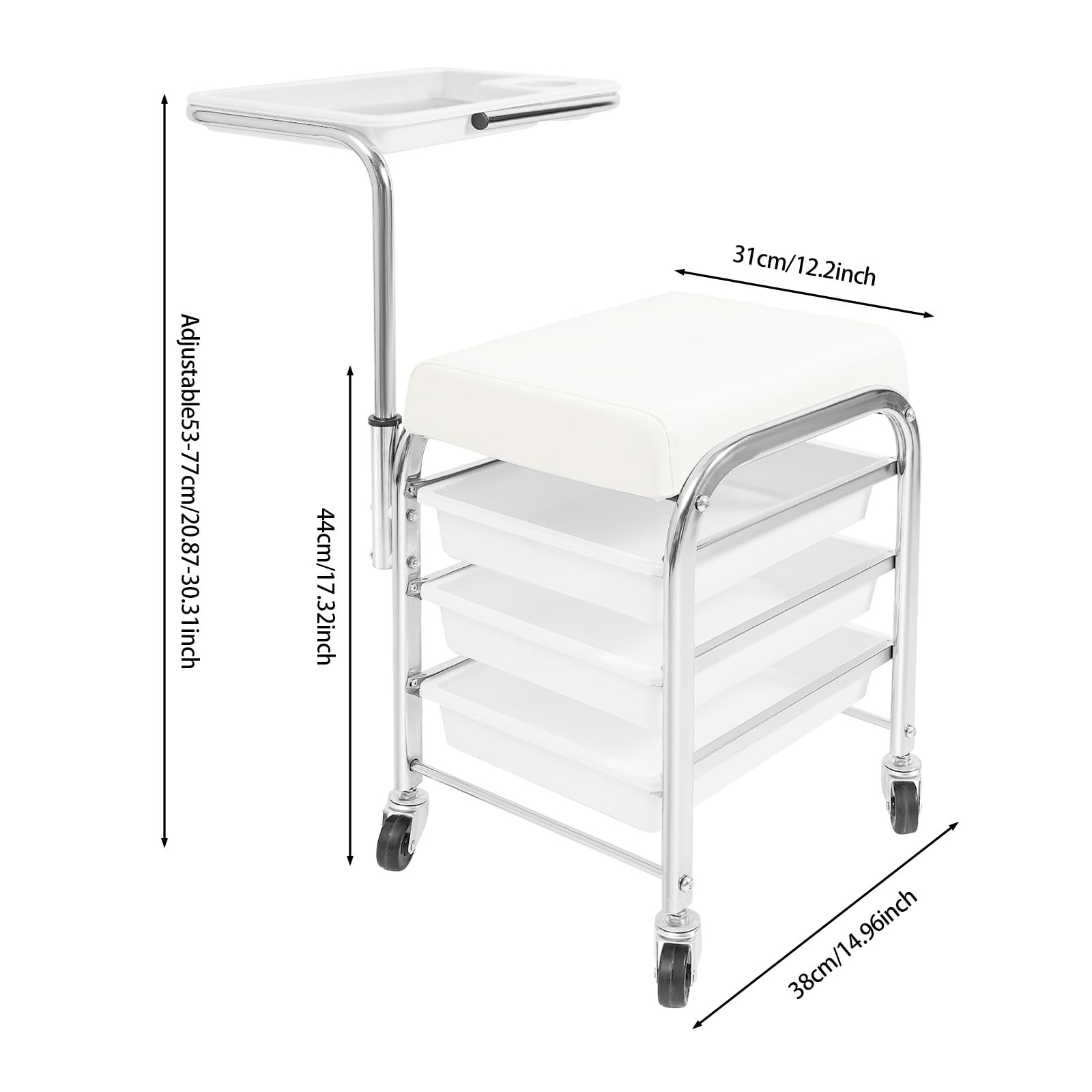 Carro de manicura regulable en altura blanco 100 kg 3 capas ruedas bandeja 20,87-30,31 pulgadas 12,2 x 14,96 x 17,32 pulgadas