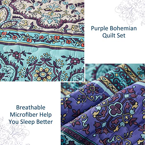 Goodidea Boho Quilt Set Queen Size, Bohemian Reversible Printed Bedspread Coverlet Set For All Season Soft Microfiber 3 Pieces Bedding Set (Purple, 96"X90") #TOP2