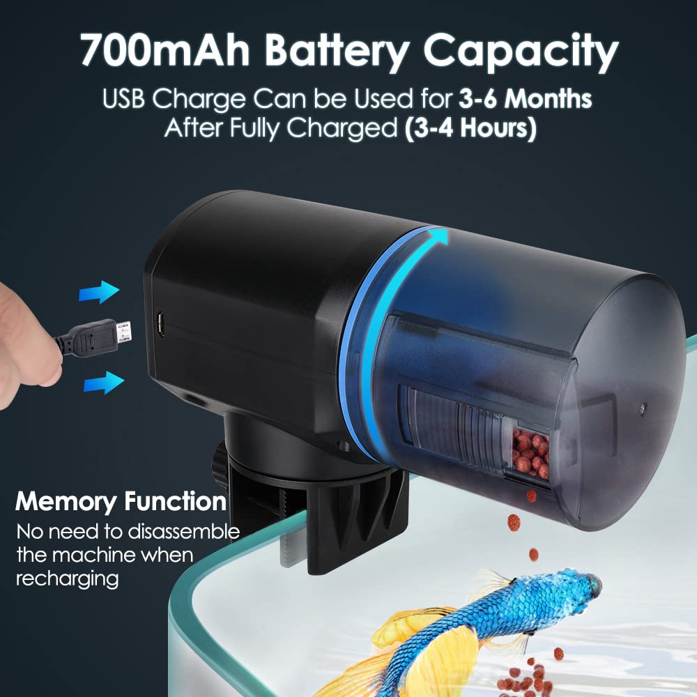 Lukovee Mangeoire automatique pour poissons, affichage de l'heure d'alimentation, minuterie rechargeable par USB, distributeur de nourriture pour aquarium ou aquarium avec grande capacité de 200 ml