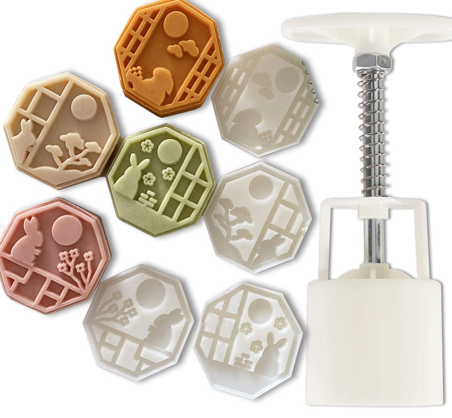 FOYWOTI Mooncake Press Molds，Hand Press mooncake Dessert DIY with Stamps Flower Mode，Mooncake Shortbread Press DIY (4 Mid-Autumn Rabbit Stamps)
