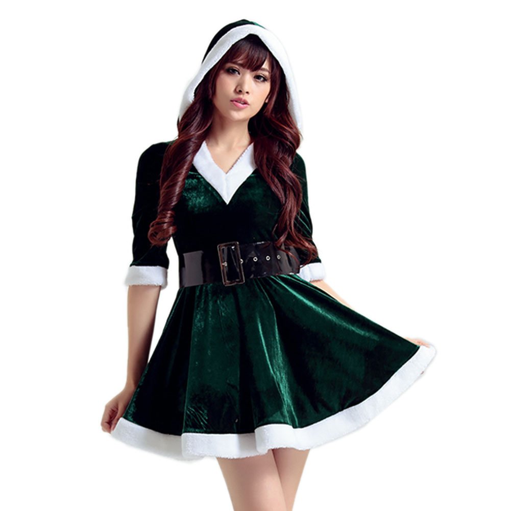 Boodtag Women 2 Piece Mrs. Claus Costume Mini Skater Dress Sexy Ladies  Fancy Dress Suit Deluxe Velvet Cosplay Outfit for Women (one size, green) :  Amazon.co.uk: Toys & Games