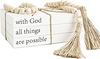 OMISHE White Faux Decorative Books Stack 'With God All Things Are Possible' & Farmhouse Wood Bead Garland - Rustic Home Decor