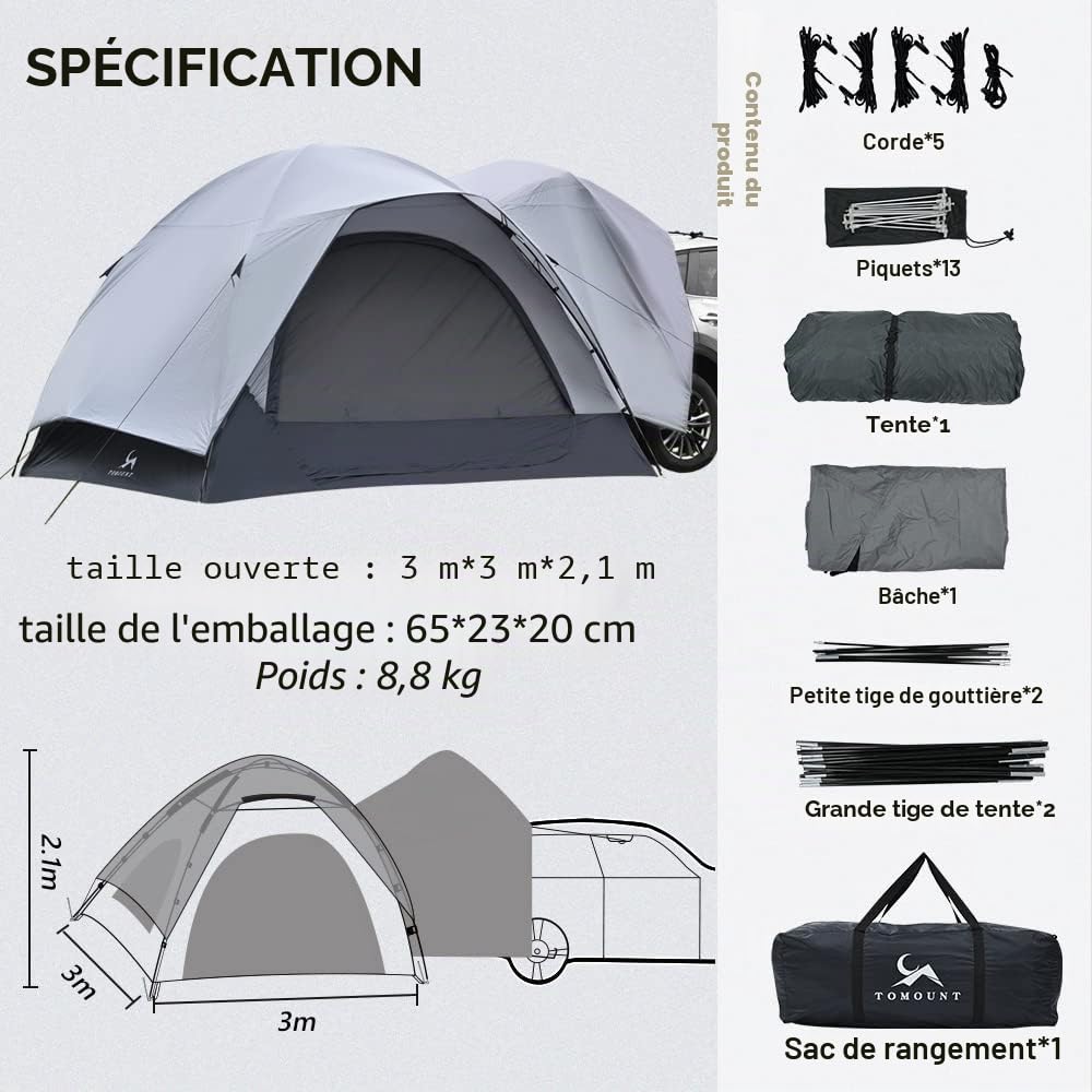TOMOUNT Tente arrière étanche pour voiture, tente de camping, 3 x 3 x 2,1 m, pour 4 personnes, tente familiale pour trekking, camping, plein air, randonnée