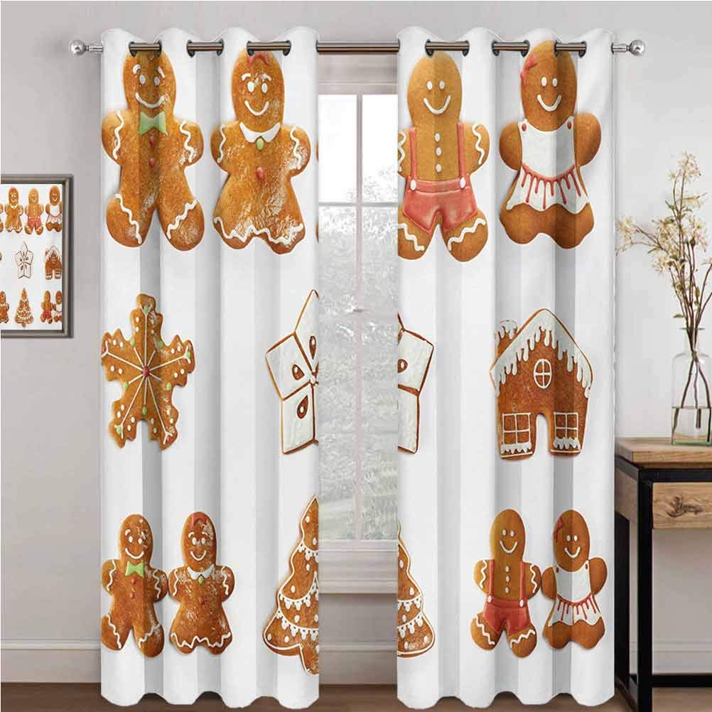 GUUVOR Gingerbread Man Room Darkened Insulation Grommet Curtain Vivid Cute Christmas Gingerbread Biscuits Set Snowflake House Tree Living Room W108 x L84 Inch Pale Brown White