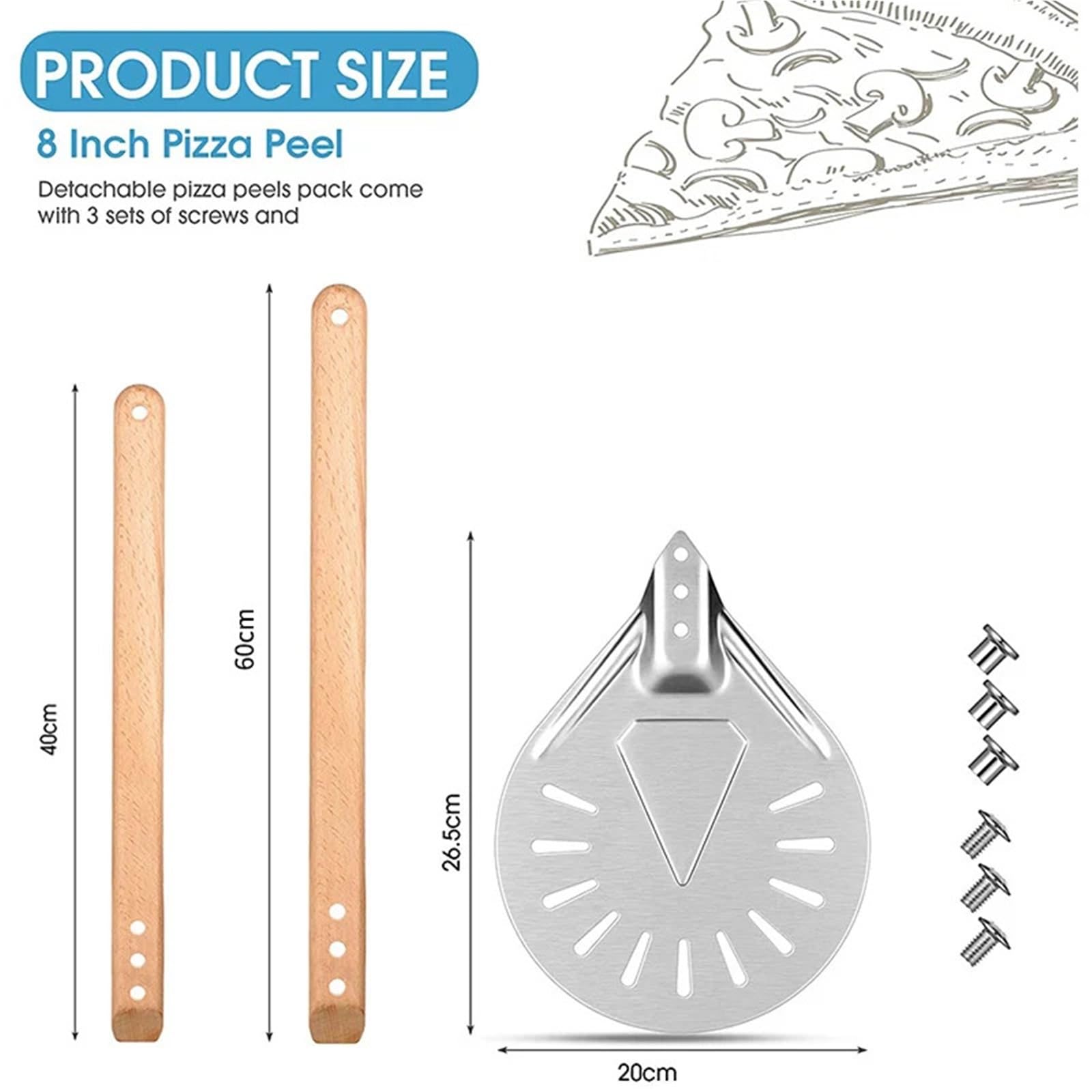Pizzaschieber Pizzaschaufel, rutschfester Holzgriff, Kuchen-, Brot- und Käseschneider, Backwender-Zubehör(35cm Silver 40cm H)