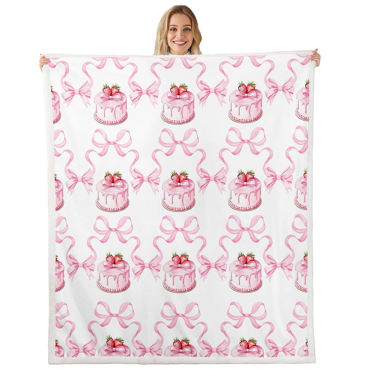 feelingyou Strawberry Cake Fleece Blanket,Sweet Dessert Tropical Fruit Bed Blanket for Kids Teens,Princess Bowknot Ribbon Stripes Pink White Flannel Blanket for Room Decor,Queen 90"x90" — image 1