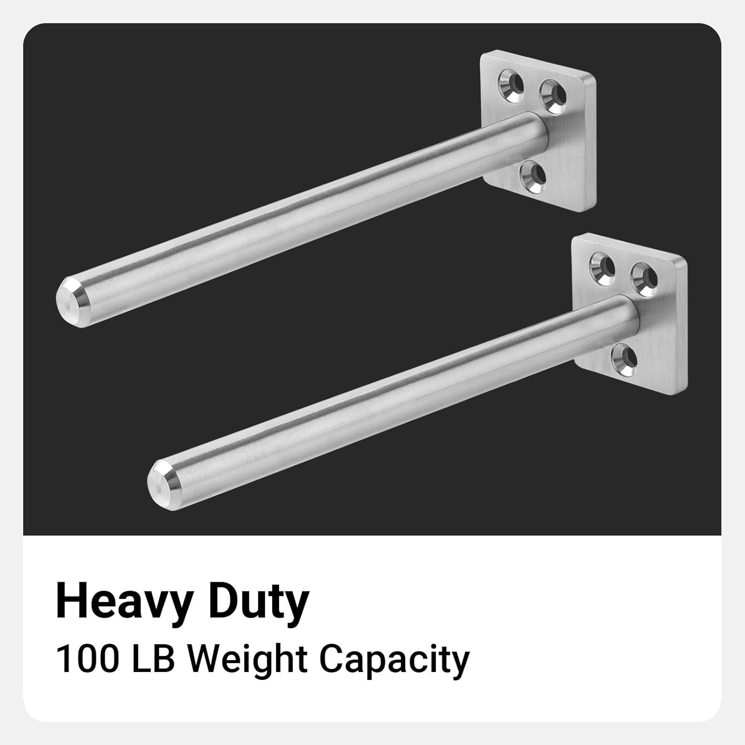 Stainless Steel Floating Shelf Bracket Heavy Duty Hidden Support for Wood Wall Shelves, Pack of 4, 1.5" x 1.5" Thick Back Plate, Approx. 1/2 inch in Diameter, Solid Rod (6 Inch)