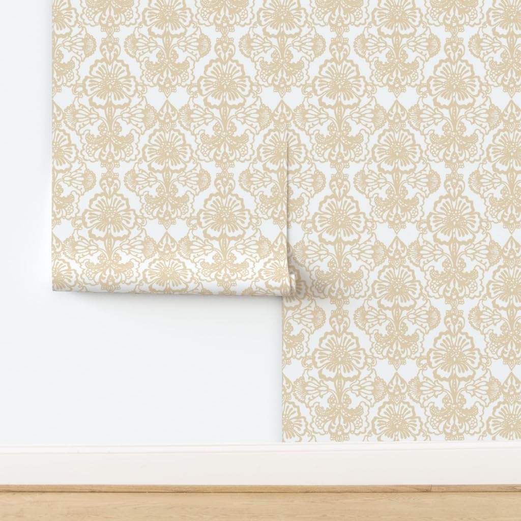Peel & Stick Wallpaper 3ft x 2ft - Floral Damask Sweet Lace White Beige Tan Custom Removable Wallpaper by Spoonflower