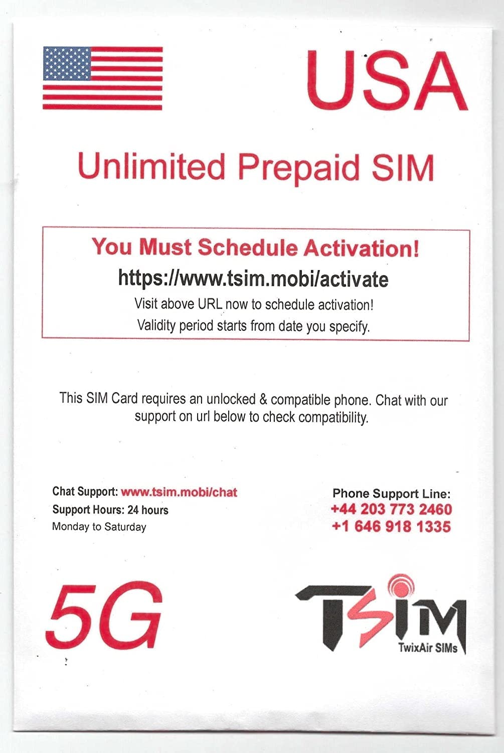 Tarjeta SIM prepagada de EE. UU. Llamadas/mensajes de texto entrantes y salientes ilimitados | Admite datos 5G de ultra alta velocidad. Punto de acceso/anclaje/uso compartido por Internet. (6 GB x 2