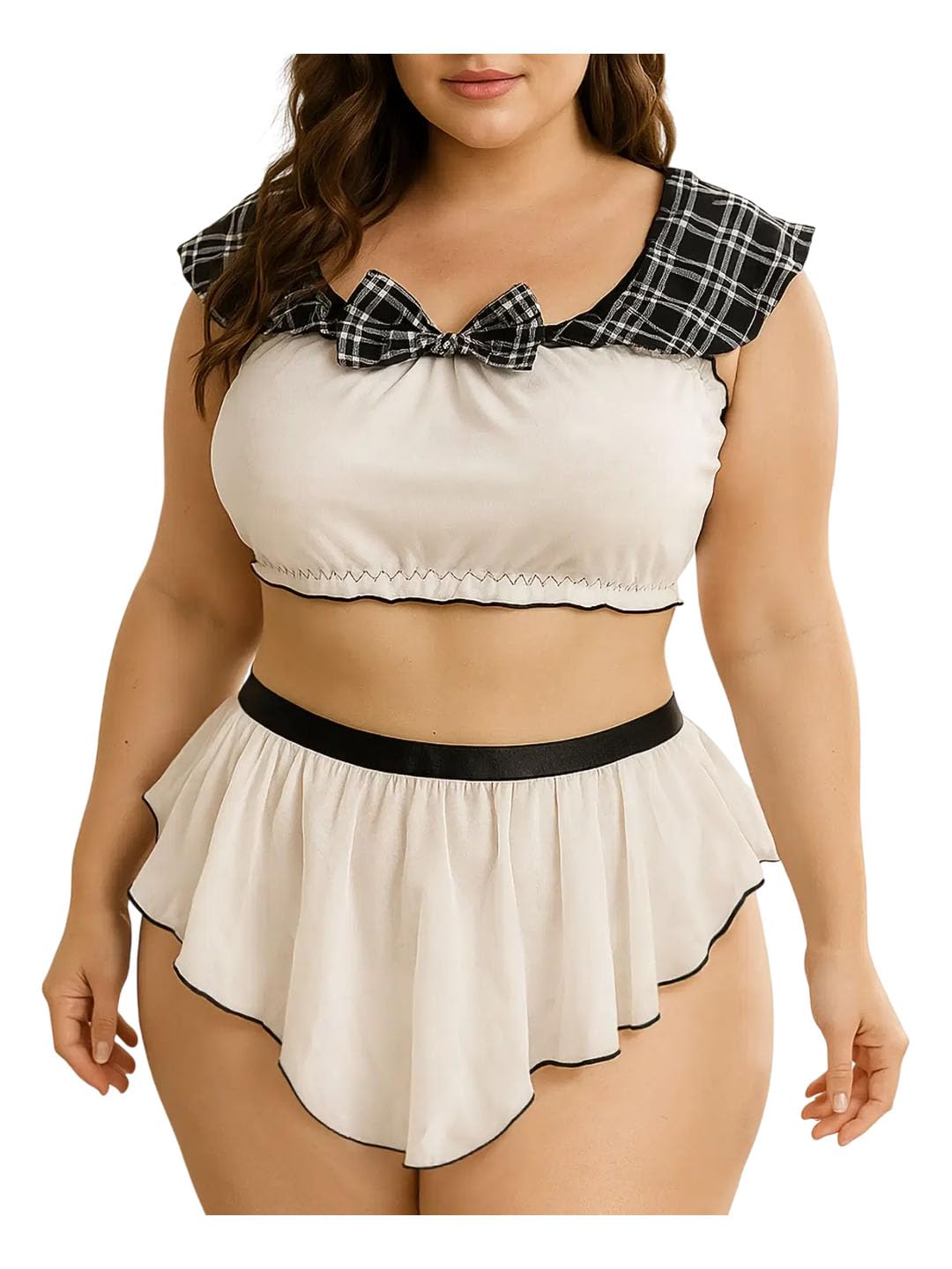 Women's Plus Size Babydoll Lingerie Set | Bow Detail Crop Top & Flared Mini Skirt | Soft Mesh Nightwear | Cute Sleepwear | Honeymoon Romantic Lingerie for Women White and Black-image-40