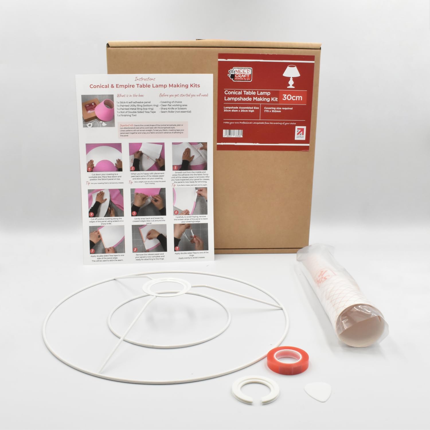 Conical Table Lamp Lampshade Making Kit - Tapered Circle Shape DIY Shade Made in The UK by Needcraft - Use with Fabric, Textile, Wallpaper of Choice (White, 30cm)