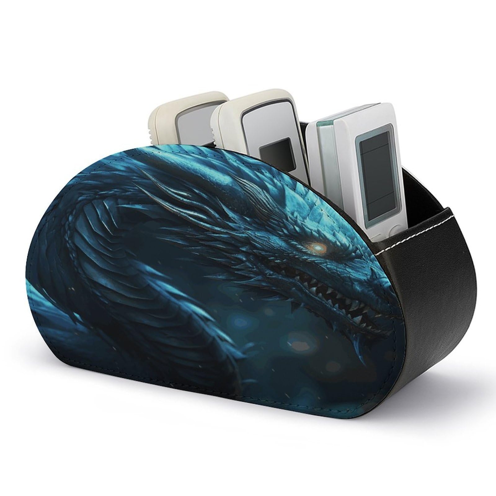 LZQPOEAS Cyan Dragon Remote Control Holder with 5 Compartments PU Leather Remote Organizer Box Caddy for Table Nightstand Remote Caddy Desktop Organizer Fits Media Controllers