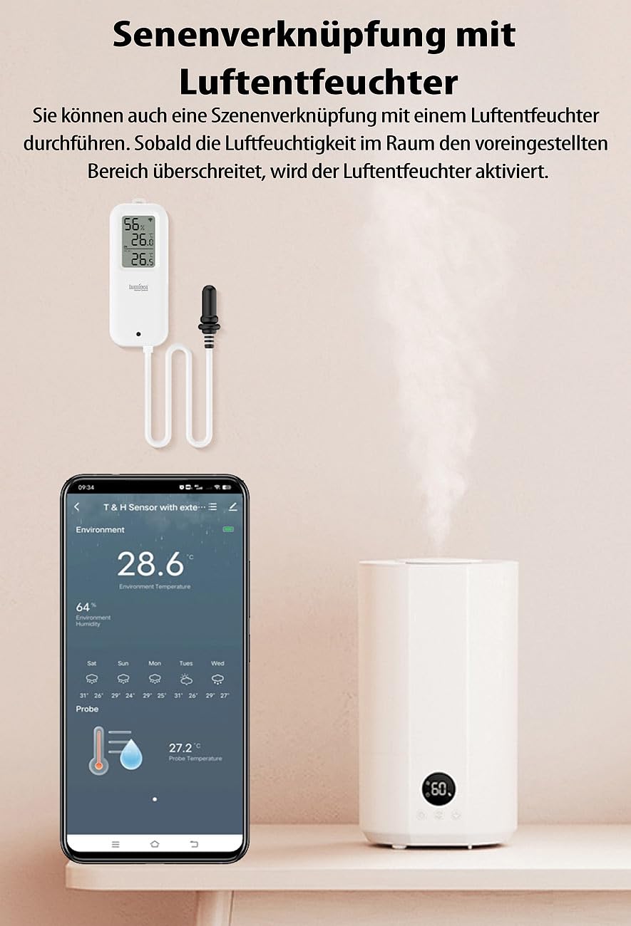 Luminea Home Control Sensoren: 4er-Set WLAN-Temperatur-/Luftfeuchtigkeitsmesser, innen/außen, App (WLAN Smart Thermometer Hygrometer, Thermometer mit Fühler, Klima)