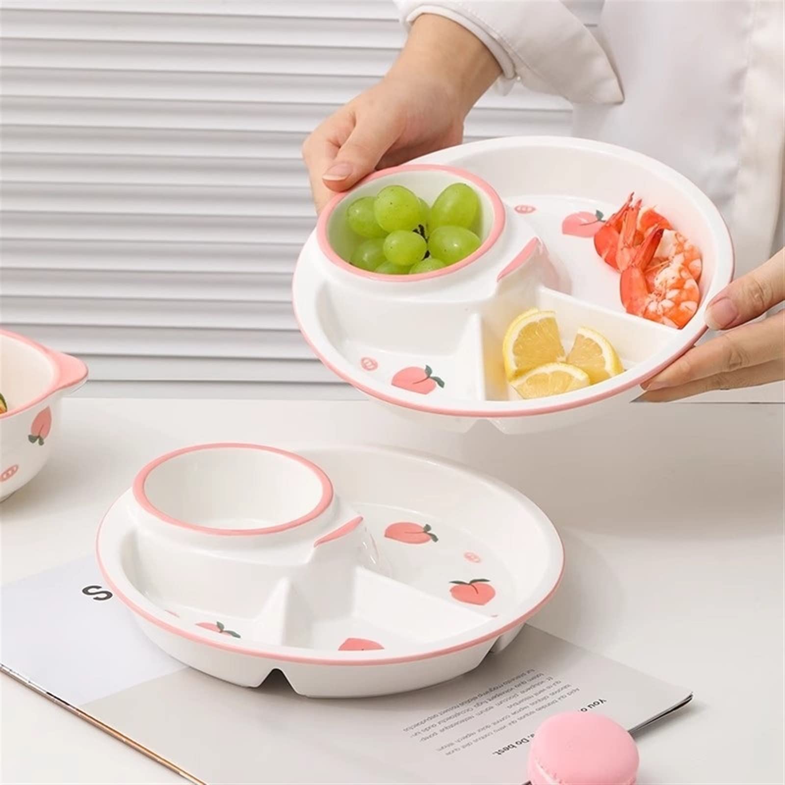 Piatto per il controllo delle porzioni per adulti - Piatto bariatrico in ceramica divisa con scomparti, set da tavola rotondo con motivo a cartoni animati