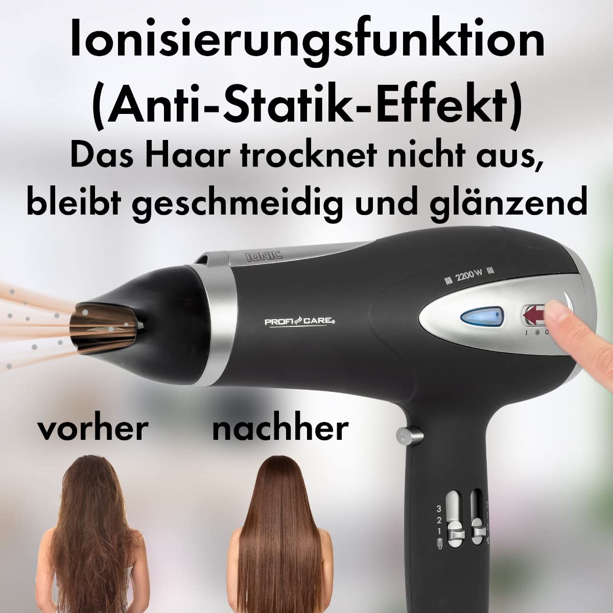 ProfiCare® Suszarka do włosów z funkcją jonizacji 2200 W | bardzo lekka suszarka podróżna 3 poziomy mocy i 2 stopnie nawiewu | suszarka do włosów w zestawie Cool-Shot | suszarka z dyfuzorem i dyszą