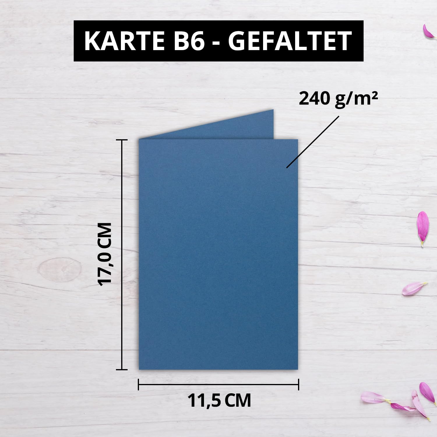 Składane kartki z kopertami w formacie DIN B6 115 x 170 mm, zaproszenia na ślub, chrzest, komunię, bierzmowanie, nie odkształcają się, pasują do drukarek 200 zestawów 18-Royalblau